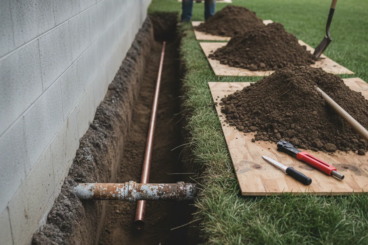Excavated water line trench during Water Heater Repair in Ringsted